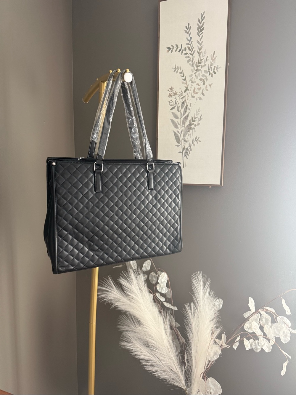 Quilted Black Tote Bag with Double Handles